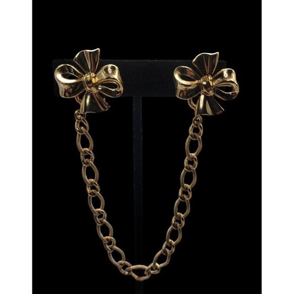 Crown Trifari Sweater Clips Pin Double Bows Detachable Chain Vintage Gold Tone - Picture 3 of 16